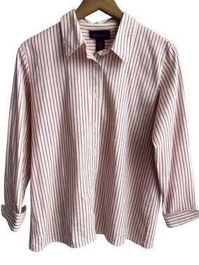 Denim&Co White Cotton Shirt with Red/Pink Stripes Size L